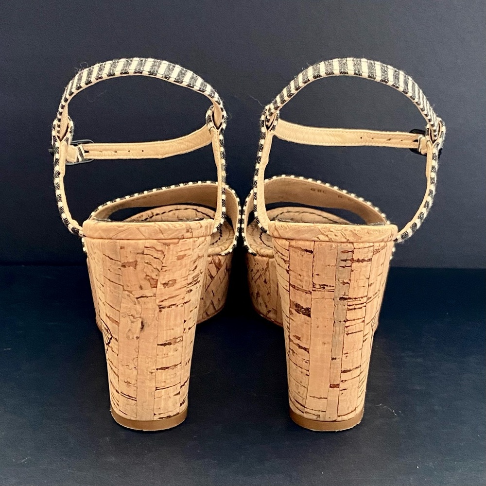 CHANEL Vintage Authentic Striped Fabric Platform Wedge Sandals w/ Cork Sole - Picture 10 of 15